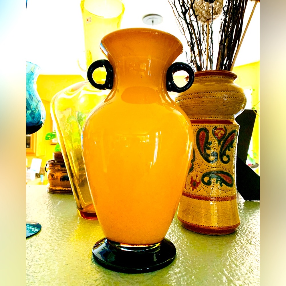 Stunning handblown cased glass vase yellow black